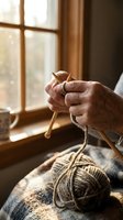 Elderly hands knitting with wooden needles near a sunlit window, ball of yarn on a cozy blanket, warm home atmosphere.