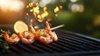 Grilled shrimp skewers with sesame seeds on barbecue grill with flames and smoke in golden sunset light, fresh seafood cooking outdoors.