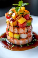 Stacked shrimp tower with fresh mango, watermelon and cucumber cubes, drizzled with sweet soy reduction sauce and garnished with herbs on white plate.