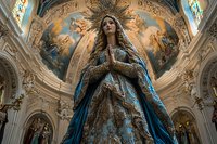 Religious statue of Virgin Mary in ornate baroque church interior wearing blue and gold embroidered gown, hands clasped in prayer beneath painted dome ceiling.