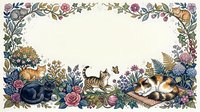 Decorative floral border frame with sleeping cats, roses, butterflies and botanical elements on cream background for greeting cards and invitations.