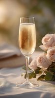 Elegant flute of sparkling champagne with delicate bubbles alongside soft pink roses on white linen, bathed in warm golden sunlight for romantic occasions.