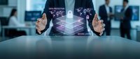 Businessman in suit displaying holographic data protection and secure cloud interface with digital network visualization in modern office environment.