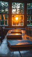 Old books on wooden table illuminated by warm sunset light through vintage window panes, creating cozy atmospheric study room ambiance at dusk.