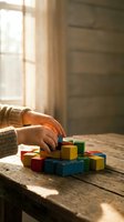 Child hands playing with colorful wooden building blocks on rustic table in warm sunlight streaming through window for educational development.