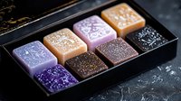 Artisanal chocolate bonbons with ornate patterns in purple, pink, and caramel colors arranged in elegant gift box on dark background. Luxury confectionery concept.