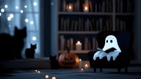 Cozy Halloween scene with ghost decoration on armchair, carved pumpkin, and black cat silhouette against window with bokeh lights and bookshelf background.