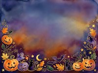 Halloween watercolor frame with pumpkins, bats, moon and autumn leaves on purple orange gradient background for seasonal greeting cards and decorations.