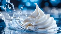 Creamy white meringue or whipped cream swirl with water splash and droplets against blue bokeh background, dynamic food photography composition.
