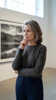 Thoughtful mature Caucasian woman with gray hair standing in art gallery, contemplating artwork, wearing casual sweater and navy trousers.
