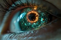 Close-up of human eye with digital circuit board pattern overlay in iris, representing technology, artificial intelligence, and digital vision for futuristic concepts.