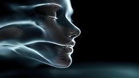 Ethereal wireframe profile of face emerging from flowing digital lines against dark background, showcasing futuristic technology and artificial intelligence concept.
