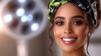 Young Hispanic woman with bright smile wearing colorful headscarf in medical setting with surgical lights in background, representing healthcare professional.