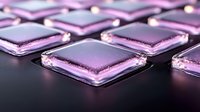 Glowing pink square glass tiles arranged in geometric pattern on dark surface create modern technological abstract background with reflective lighting effects.