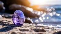 Crystal sphere on sandy beach reflecting mountain landscape with purple hue, sunlight bokeh and ocean waves creating magical summer atmosphere.