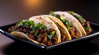 Mexican street tacos with seasoned ground beef, fresh cilantro and onions served on corn tortillas on black plate against dark background with dramatic lighting.