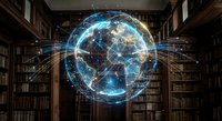 Digital holographic Earth globe with network connections floating in classic library with wooden bookshelves, representing global knowledge and connectivity.