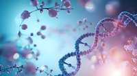Glowing DNA helix structure in blue and pink colors with floating molecular particles against blurred scientific background for medical research and genetics.