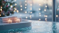 Romantic spa setting with glowing candles on edge of bathtub against bokeh lights background, creating serene and relaxing wellness atmosphere.