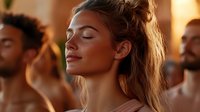 Young blonde woman with closed eyes in peaceful meditation pose during group yoga class with warm golden lighting and blurred participants in background.