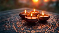 Traditional clay oil lamps burning with warm flames on ornate mandala pattern surface creating peaceful spiritual atmosphere for meditation and relaxation.