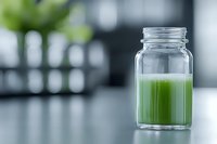 Fresh green juice in glass jar on kitchen counter for healthy lifestyle and detox nutrition concept.