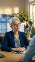 Senior woman executive with white hair and glasses wearing navy blazer conducts professional meeting at wooden desk in modern office with data analytics displays and plants.