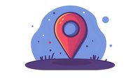 Red location pin marker on purple landscape with blue background, ideal for navigation apps, travel websites, and map-based services.