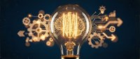 Vintage Edison bulb glowing with warm filament surrounded by floating mechanical gears and cogs representing innovation and creative engineering solutions.