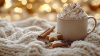 Warm mug with whipped cream and cinnamon stick surrounded by cozy knit blanket and holiday spices, perfect for winter beverage and seasonal marketing campaigns.