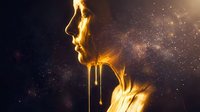 Golden liquid dripping from woman's face against cosmic starry background creating surreal artistic portrait with warm glowing light effects.