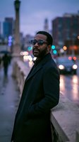 Stylish African American male professional wearing sunglasses and dark coat poses on urban street at dusk with blurred city lights and skyscrapers in background for business and lifestyle content.