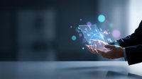 Businessman hands holding holographic digital network connections with glowing data points and futuristic technology interface for business innovation.