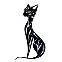 Sleek black cat silhouette with cosmic galaxy pattern inside, featuring glowing yellow eyes on white background. Ideal for mystical or fantasy designs.