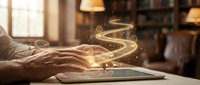 Hands typing on tablet with glowing magical light effects and sparkles in cozy library setting for digital creativity and technology concepts.
