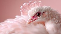 Young white chicken with fluffy feathers and pink comb on soft pink background for poultry farming and agriculture concepts.
