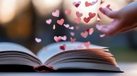 Pink glittering hearts floating magically from open book pages in soft dreamy lighting, creating romantic storytelling atmosphere for Valentine's day and love concepts.