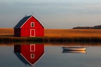 Red wooden barn with mirror reflection in calm lake water at sunset, small white rowing boat floating peacefully against golden autumn field landscape.