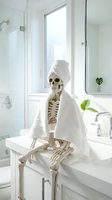 Skeleton figure wrapped in white towel sitting on bathroom sink counter with hand to chin, surrounded by modern fixtures and green plant decor.