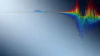 Colorful sound wave visualization with rainbow spectrum frequencies on gradient background for audio technology and music production applications.