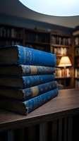 Stack of vintage leather-bound books with blue spines on wooden table in library setting with bookshelves and warm lamp light in background for literary and academic themes.