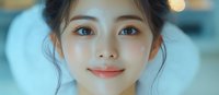 Young Asian woman with glowing skin smiling during facial spa treatment, fresh complexion, soft blue background, beauty and wellness concept.