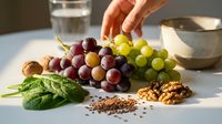Hand selecting fresh grapes from healthy snack arrangement with nuts, seeds and leafy greens on white marble surface for nutritious eating lifestyle.