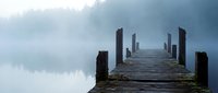 Wooden pier extending into misty lake with calm water reflection and fog-covered forest backdrop, suitable for contemplative and nature-themed designs.
