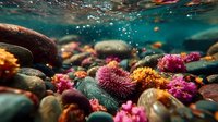 Vibrant underwater coral reef scene with colorful sea anemones, marine life and tropical fish in crystal clear turquoise ocean water with sunlight rays.