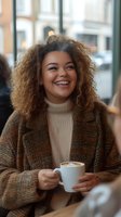 Young mixed-race woman with curly hair smiling while holding coffee cup in cozy cafe setting. Warm autumn fashion and lifestyle moment.