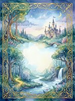 Enchanted fairy tale landscape with castle, waterfall and ornate golden border frame for storybook illustration and fantasy design projects.