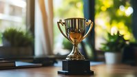 Golden trophy cup on wooden desk against blurred background with natural lighting and decorative plants, symbolizing achievement and success in business or sports.