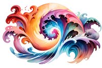 Vibrant swirling waves in orange, pink, purple and blue create dynamic spiral motion with splashing water drops, artistic watercolor style composition on white background.