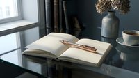 Open notebook with wooden pen on glass desk in modern office interior with dried flowers and coffee cup for business planning and writing.